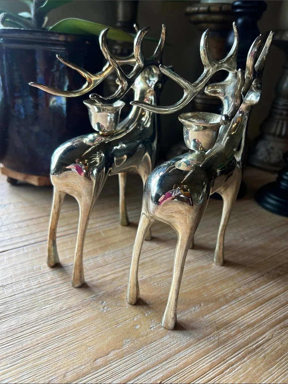 Silver plate Pottery Barn Christmas Reindeer Taper Candle Holder Set Of 2 Heavy